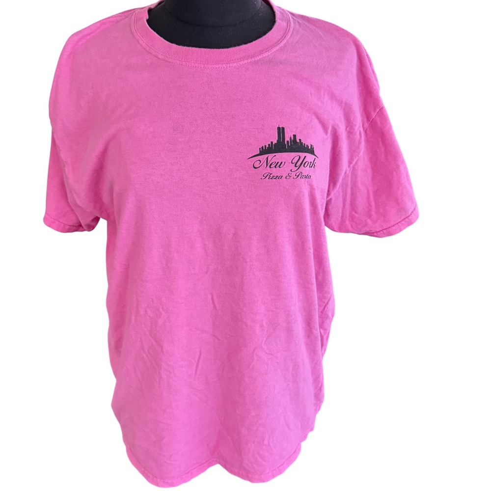 New York City Pizza Pasta Tee Twin Towers‎ Vintage World Trade Center Pink Lg